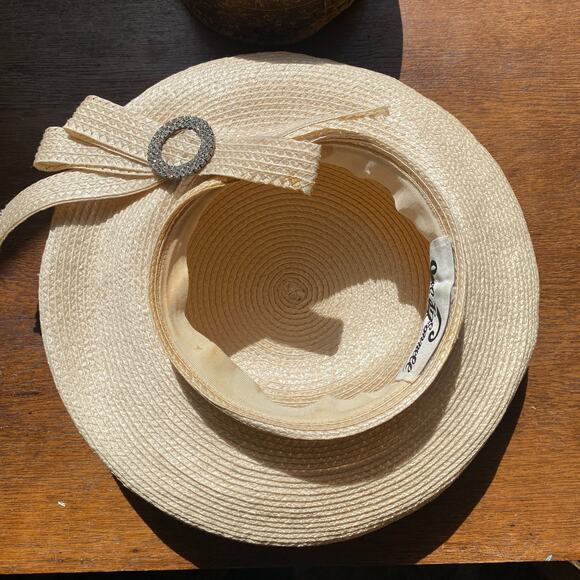 Vintage Jack McConnell White Straw Millinery Hat Bow Rhinestone main image 5
